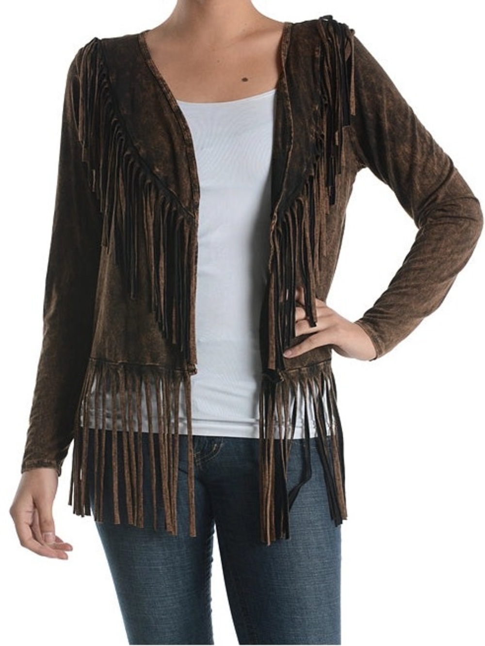 NwT T-Party Women Long Sleeve Brown Fringe Crop Cardigan M Cowgirl Boho Western - Picture 2 of 9